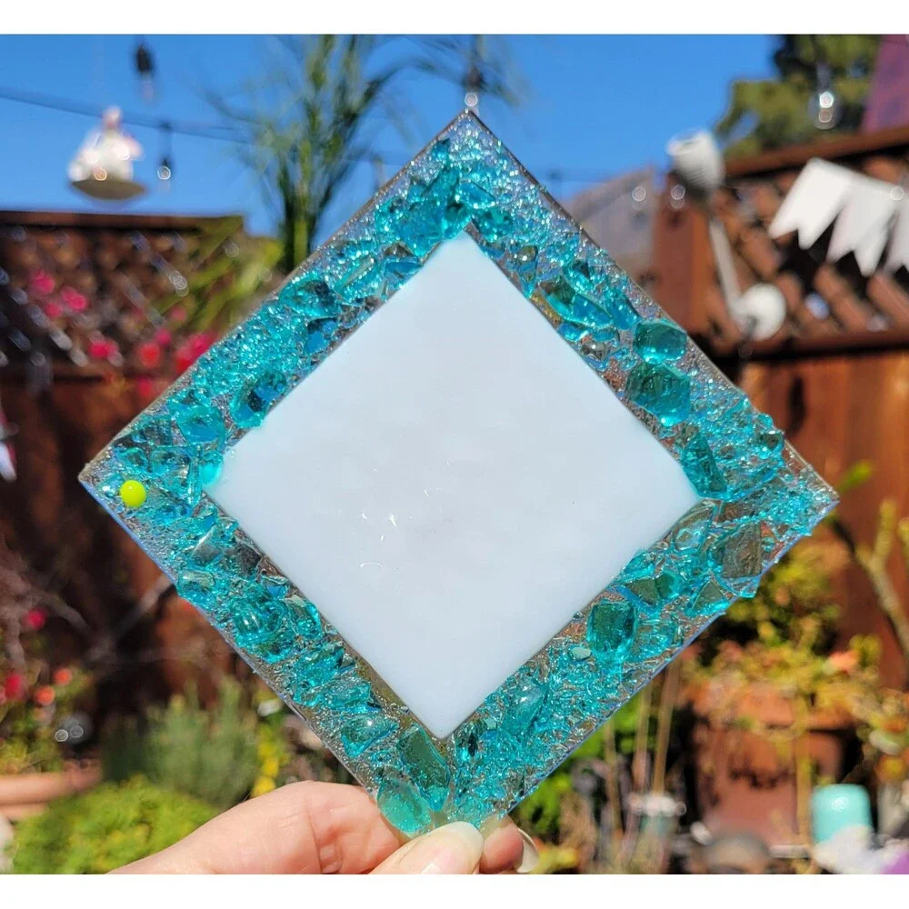 Handmade Fused Glass Turquoise Mosaic Coaster Set – Four